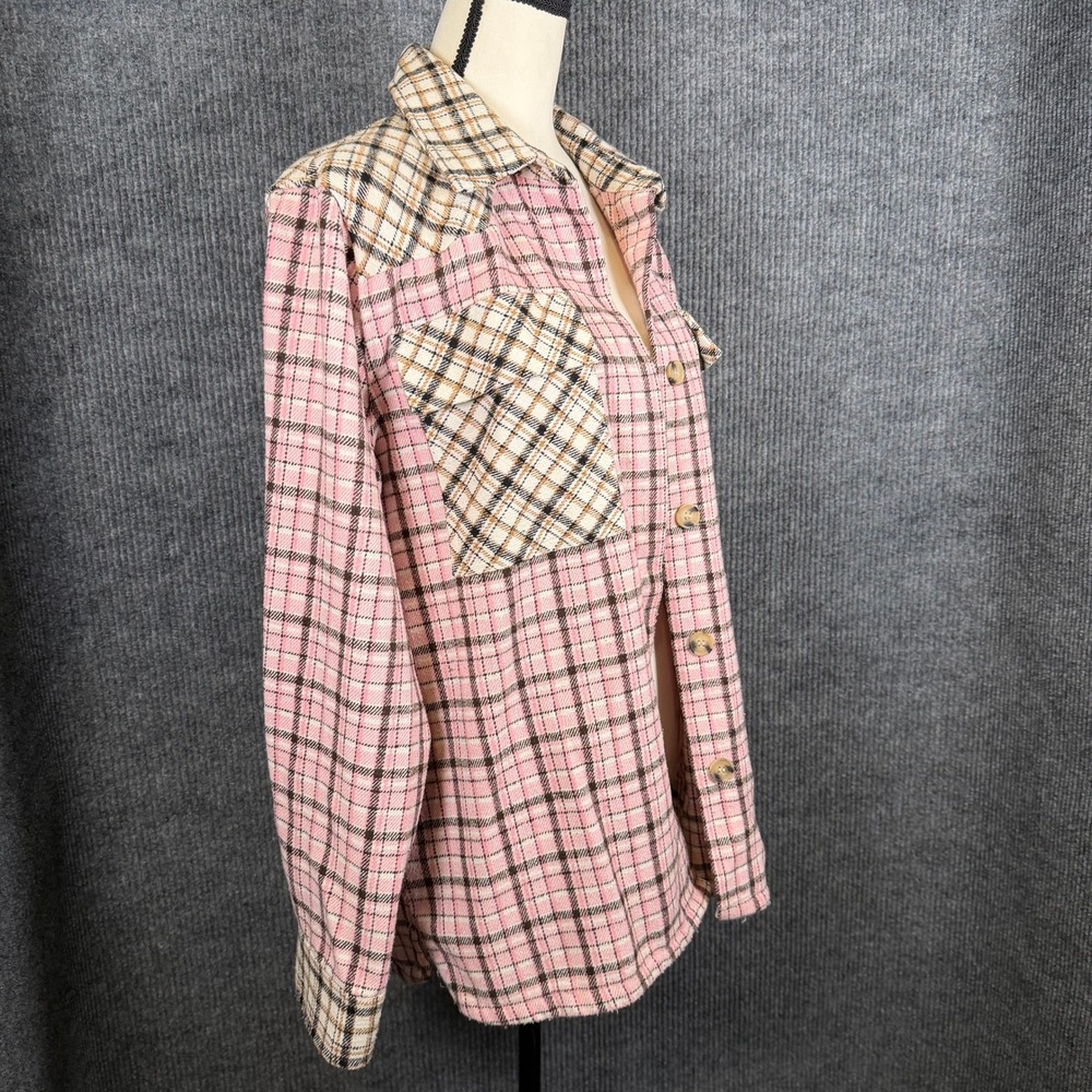 Bad Little Country Girl Tina Pink Plaid Shacket Womens L Cozy Fall Cowgirl Rodeo